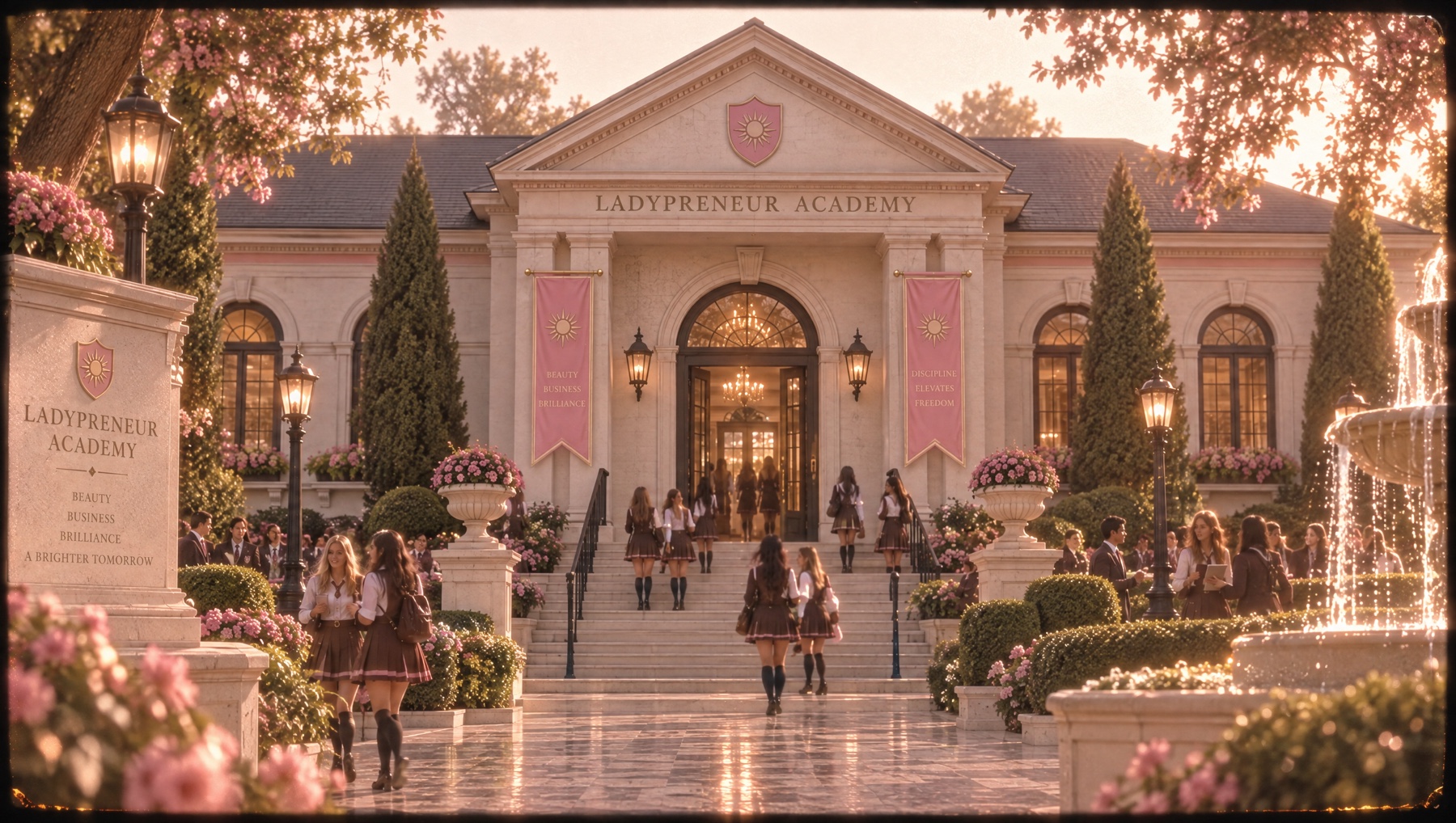 Cinematic exterior of Ladypreneur Academy at golden hour